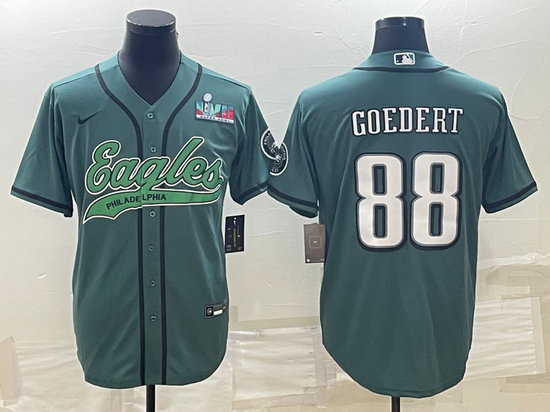 Men's Philadelphia Eagles #88 Dallas Goedert Green With Super Bowl LVII Patch Cool Base Stitched Baseball Jersey Men's Philadelphia Eagles #88 Dallas Goedert Green With Super Bowl LVII Patch Cool Base Stitched Baseball Jersey